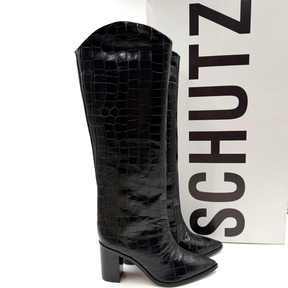 Schutz Maryana Block Heel Boots Black Croc Leather‎ Pointed Toe Sz 5.5